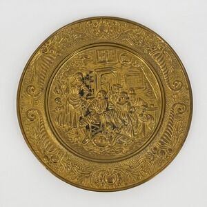 Vintage Gold Tavern Wall Plaque Embossed Village Scene Ornate Metal Wall Art